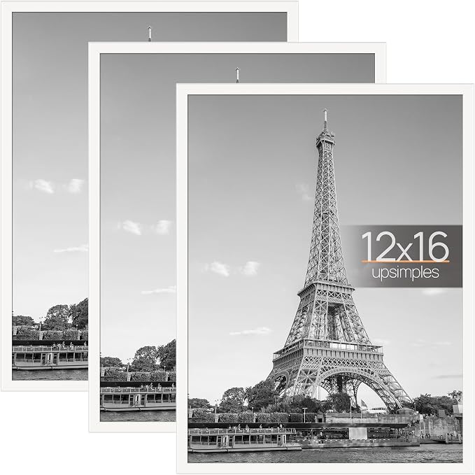 upsimples 12x16 Poster Frame, Easy Slide-In Assembly, White, 3 Pack | Gallery Wall 12 x 16 Picture Frames Set for Family, Wedding, Christmas, Easy to Change Photos
