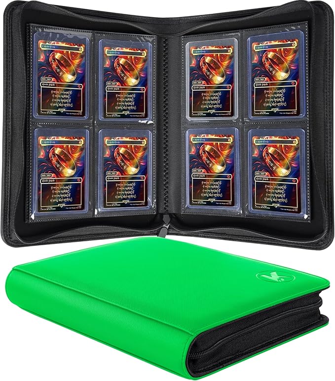 Top loader Binder, Holds 128+ Toploaders, 4 Pocket Top Loader Card Storage Case, Double-Sided Pockets for trading card in 3 x 4'' Toploaders (Grass Green)