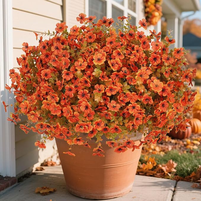 Ouddy Decor 24 Pcs Artificial Fall Flowers, Fake Mums Outdoors, Fall Orange | Lifelike faux mums, silk flower, UV resistant, no-maintenance, for autumn Thanksgiving garden porch yard indoor outdoor decor