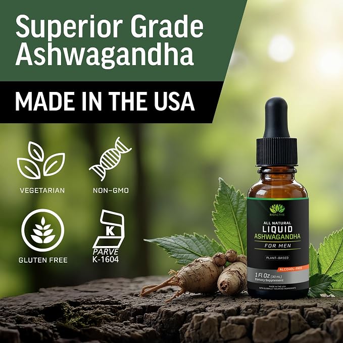 BIOACTIVE Liquid Ashwagandha Supplement Drops - Testosterone Booster For Men* - Adaptogen for Stress Support, Men’s Wellness - Organic, Vegetarian, Gluten Free, Non-GMO, 59 Servings (1 Oz, Unflavored)