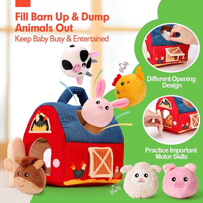 hahaland Baby Toys 6-12 Months - Surprise Barn Stuffed Farm Animals, Rattle, Crinkle, Mirror, Montessori Toys for 6 Month Old Babies Sensory Balls Toddlers 1-3 Gifts Christmas Baby Stocking Stuffers