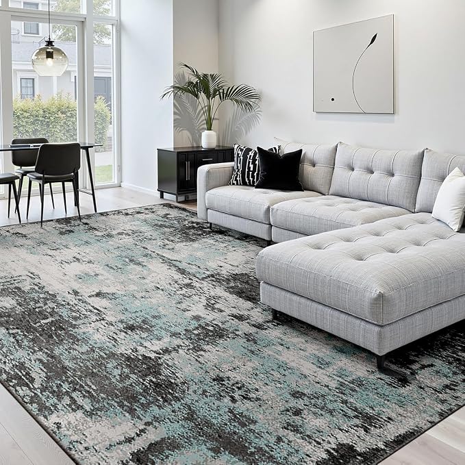 RELEANY Washable 5'x8' Abstract Area Rug for Living Room Teal Black | carpet for bedroom, kitchen, office, hallway and entryway, printed pattern, non-slip, soft, stain-resistant, easy to clean