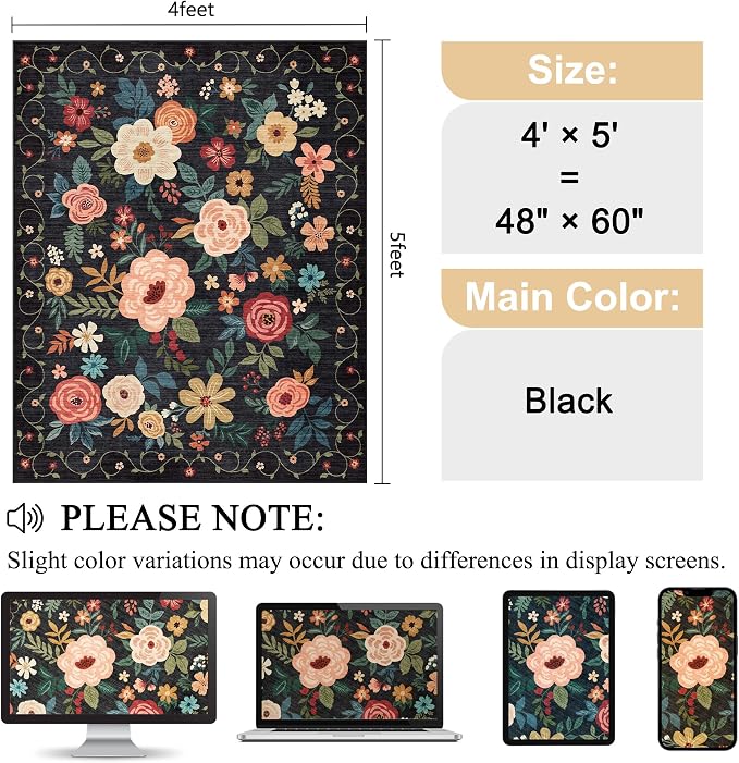 DUKINO 4x5 Area Rug for Entryway, Soft Floral Washable Rug Non Slip, Black | Low Pile, Non-Shedding Indoor Carpet for Bedroom, Kitchen, Living Room, Nursery, Pet Friendly, Stain Resistant, Home Decor