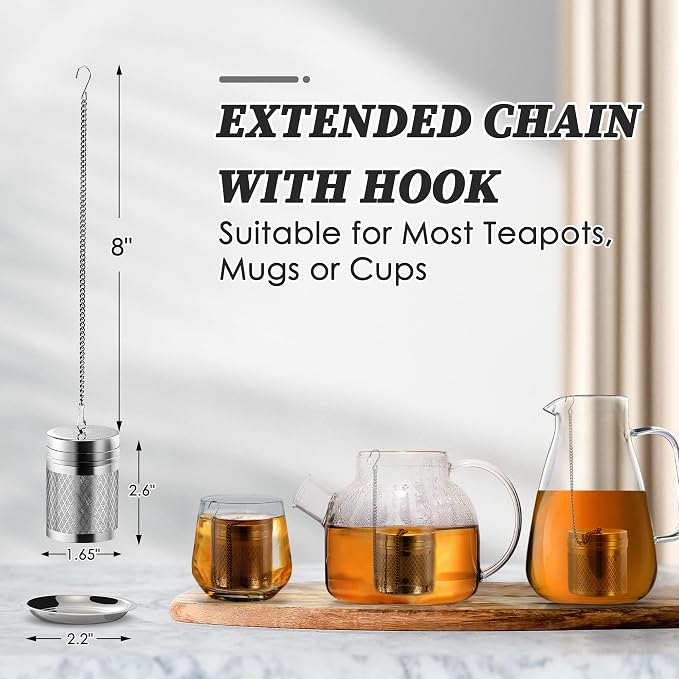 Yoassi Tea Infusers for Loose Tea, Extra Fine Mesh Tea Strainers, 18/8 Stainless Steel Loose Leaf Tea Steeper Tea Diffusers with Extended Chain Hook and Drip Tray 1 Pack