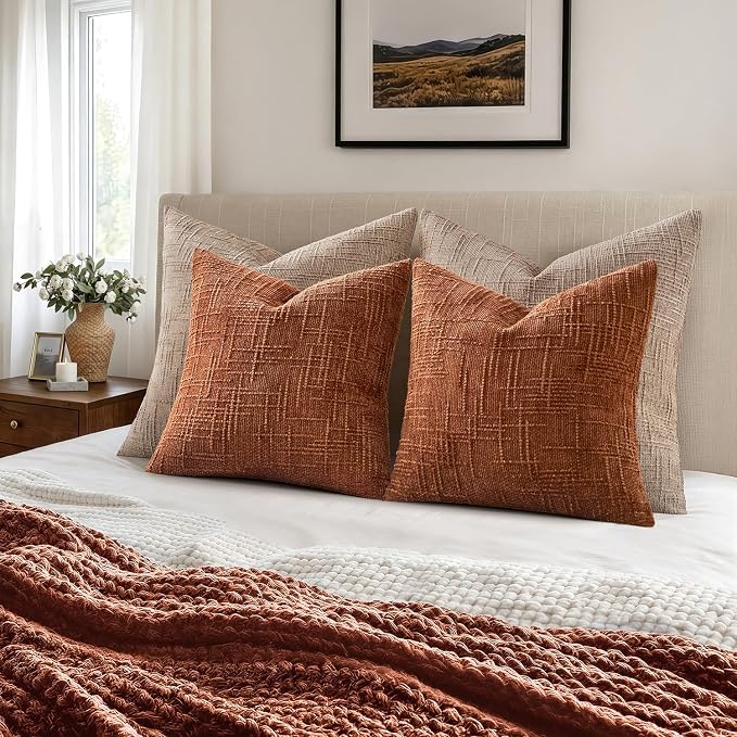 MIULEE Chenille Textured Fall Euro Throw Pillow Covers Burnt Orange 26x26 | Set of 2, Slubby Decorative Pillows, Boho Farmhouse Home Decor, Modern Neutral Cushion Covers for Couch Sofa Bed Living Room