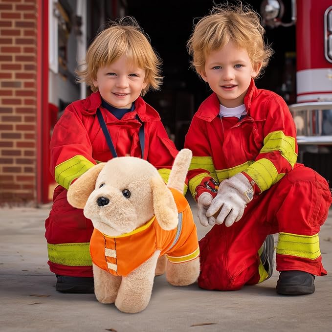 Golden Retriever Stuffed Animal with Orange Safety Vest – Firefighter Dog Plush Toy Birthday Surprise, for Kids, Boys & Girls,10"