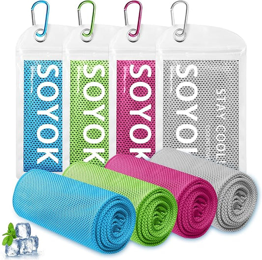 4 Packs Cooling Towel, 40" x 12" Microfiber Cooling Towels for Neck and Face, Soft Breathable Gym Towel for Working Out with Waterproof Bag & Carabiner, Sweat Towels for Running, Yoga, Travel, Climb