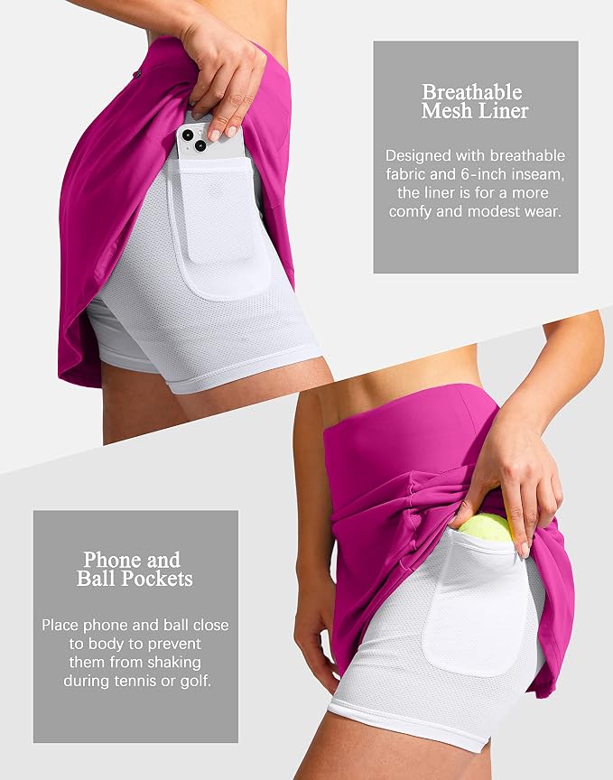 19" Ruffled Golf Skirts for Women | 3 Zipper Pockets, Knee Length, High Waisted, Long Skorts for Athletic, Casual, Tennis, Pickleball