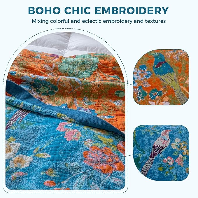 LUTBM Boho Throw Blanket for Couch 50"x60", Cotton Decorative Bed Throw | Blue Reversible Floral Birds Embroidery, All-Season Lightweight Breathable Blankets, For Chair Sofa Bedroom Living Room Decor