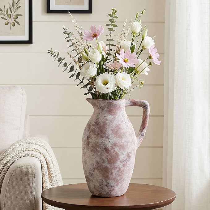 Ceramic Flower Vase with Handle, 9.65 inch Tall Ceramic Vase Home Decor Farmhouse Vases Terracotta Table Vases for Living Room Bathroom Modern Coffee Table Centerpieces Bookshelf Kitchen Fireplace