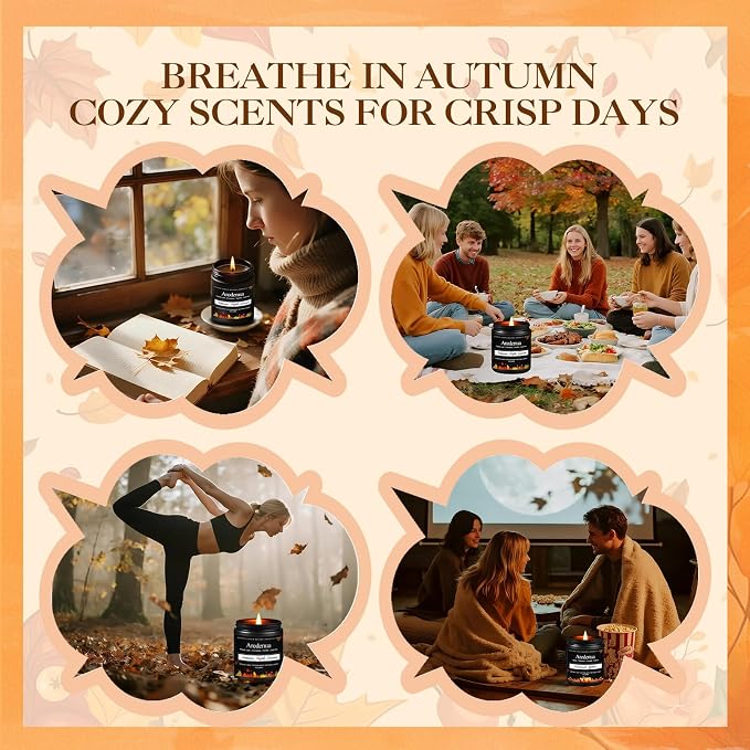 Fall Candles Set – 4 Pack Cozy Autumn Seasonal Candles Gift - Scent of Vanilla Pumpkin, Cinnamon & Nutmeg, Caramel Apples & Autumn Leaves, 28oz Soy Candles for Christmas Cozy Winter Gifting