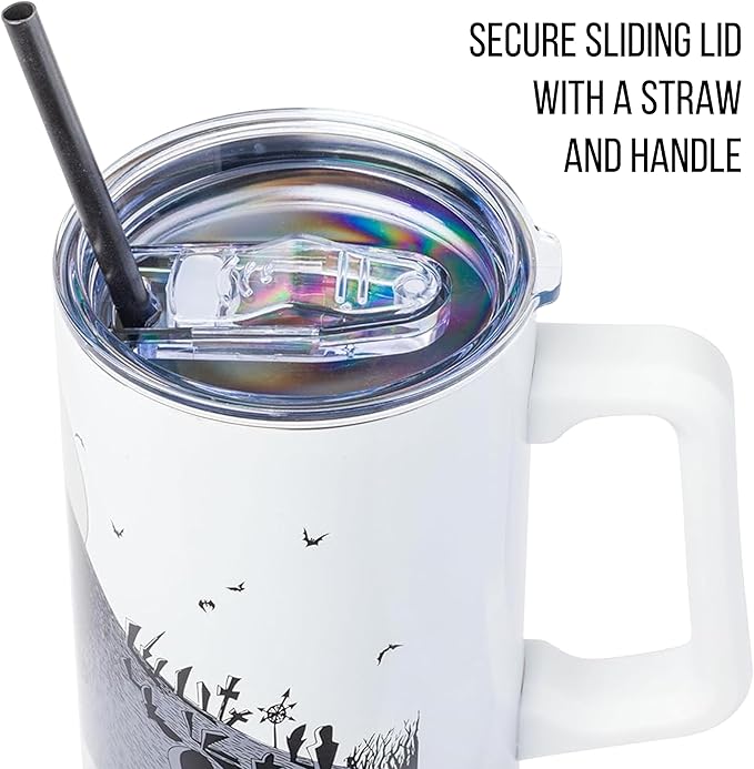 Silver Buffalo Disney Nightmare Before Christmas by Tim Burton Jack Skellington Hill and Moon Stainless Steel Tumbler with Handle and Straw, Fits in Standard Cup Holder, 40 Ounces (Pack of 12)