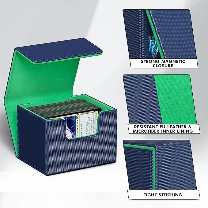 ZLCA Card Deck Box for Trading Cards, MTG Commander Deck Box Holds 120+ Single Sleeved Cards, Leather Magnetic Card Storage Box Fits for TCG CCG Magic Cards (Blue&Green)