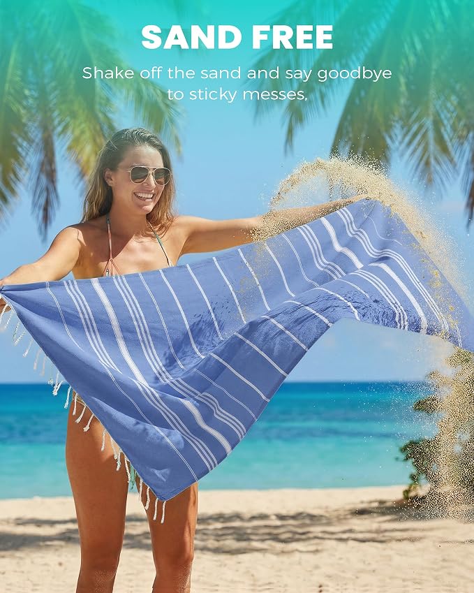 Turkish Beach Towels Vacation Essentials with Bag Quick Dry Sand Free Soft Absorbent Adult Bath Pool Swim Long Wide Stripe Towel Cloud Linen Sandfree Mat Summer Thing Lightweight Thin Travel Blue