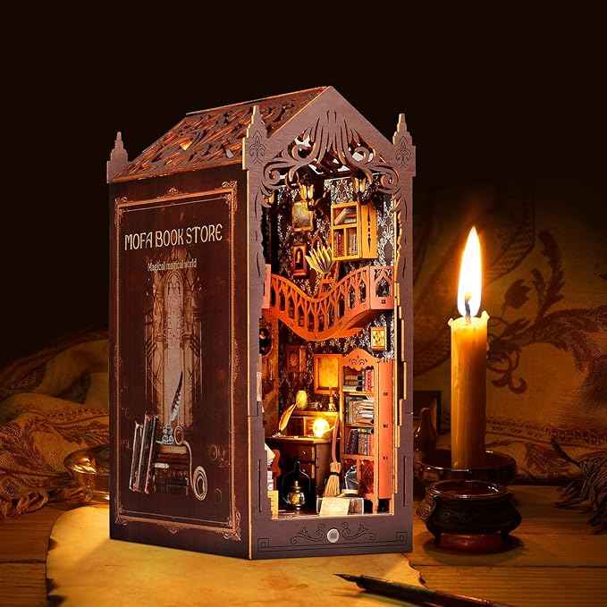 Foyucool DIY Book Nook Kit, Miniature Dollhouse Bookshelf Insert with LED Light, 3D Wooden Puzzle Bookend Insert, Perfect for Teens and Adults, Magic Book
