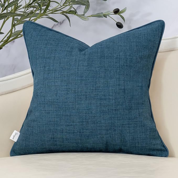 Patchwork Pillow Cover 18x18 Inch Luxury Cotton and Linen Cushion Cover Square Pillowcover for Couch Bedroom Living Room, Blue