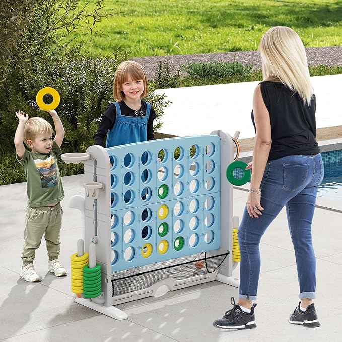 Costzon Giant 4-in-A-Row Connect Game, Height Adjustable 4-in-1 Jumbo 4-to-Score Yard Game with Golf, Ring Toss, Basketball, Cup Holder & Mesh Net, Indoor Outdoor Game for Kids Adults Family Party