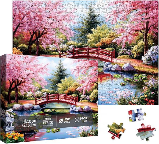 Garden Landscape Painting Jigsaw Puzzle 1000 Piece for Adult, Colorful Art Flower Cherry Blossom Plant Jigsaw Puzzles, Pretty Aesthetic Lotus Puzzle