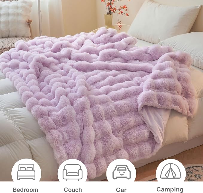 LIFEREVO Luxury Fluffy Faux Rabbit Fur Throw Blanket 60x80, Lavender | Plush Furry Bubble Lap Throw for Couch Sofa Office, Soft Cozy Light Purple Bed Blanket Home Decor, Washable & Skin-friendly