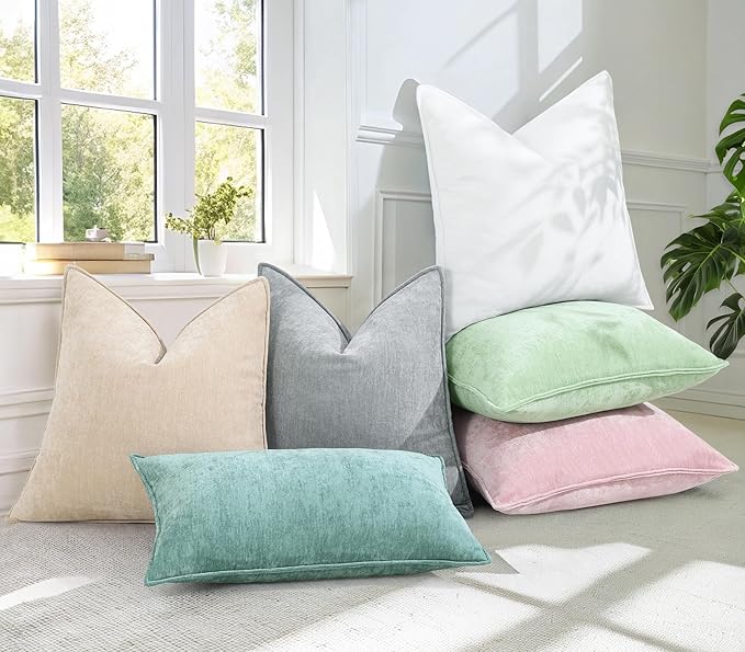 decorUhome Chenille Aqua Haze Velvet Throw Pillow Covers 24x24 Set of 2 | Fall Soft Euro Sham Couch Decorative Modern Farmhouse Pillow Cases with Elegant Design for Sofa Bed Living Room Home Decor