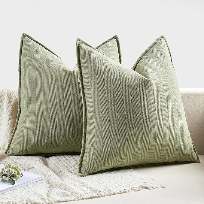 MIULEE Pack of 2 Sage Green Euro Shams Chenille Pillow Covers 24x24 Inch | Decorative Soft Couch Throw Pillows,Farmhouse Cushion Covers,Elegant Design for Sofa,Bed,Living Room,Summer Decor