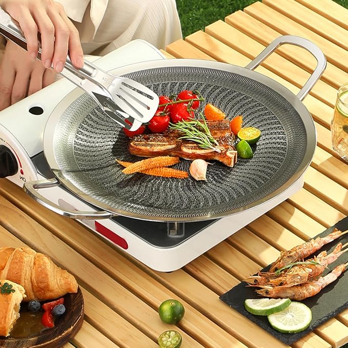 Korean BBQ Grill, Round Stainless Steel Non Stick Coating Grill Pan with 2 Handles for Induction, Gas, Halogen, Electric Ceramics, Korean Frying Pan for Indoor Outdoor Camping