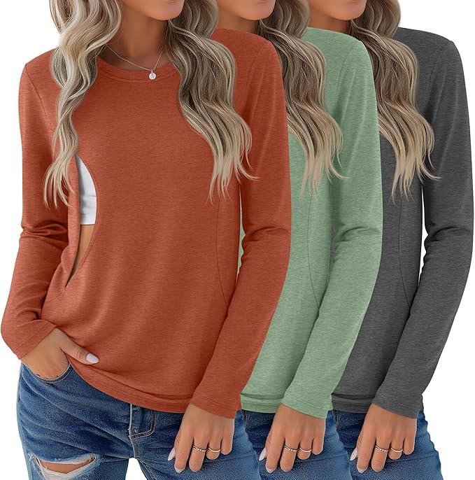 3 Pack Nursing Tops for Breastfeeding Maternity Shirts Zipper Long Sleeve Round Neck Knit Casual Nursing Clothes