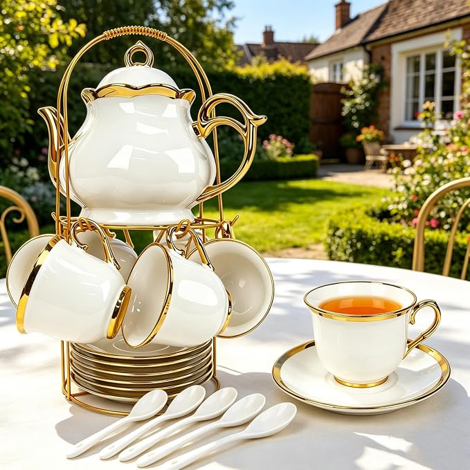 20 Pcs Porcelain Tea Set with Metal Holder, Adult Tea Set Gift, European Ceramic Tea Set for Adults, Flower Tea Cup Saucer Set for Party With Gold Trim(French White/1100ml)
