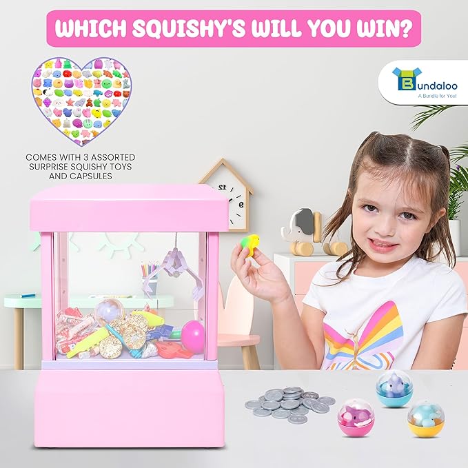Bundaloo Squishy Claw Machine Arcade Game Candy Grabber Prize Dispenser with 3 Squishy Toys and Reusable Capsules