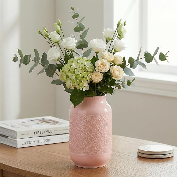 Pink Ceramic Vase, 9 Inch Cute Flower Vase for Pampas Grass, Modern Decorative Vases for Living Room, Minimalist Decor, Kitchen, Bedroom, Office, Bathroom, Wedding Decor