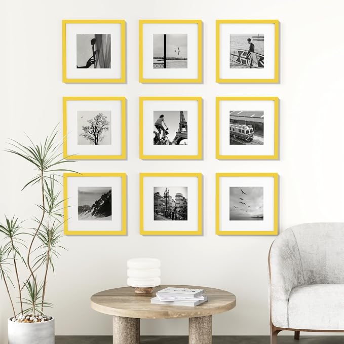 Vittanly 12x12 Picture Frames Set of 9 for Wall Mounting, Yellow | Display Pictures 8x8 with Mat or 12x12 without Mat for Wall Mounting, Square Photo Frames for Home Decor, Engineered Wood
