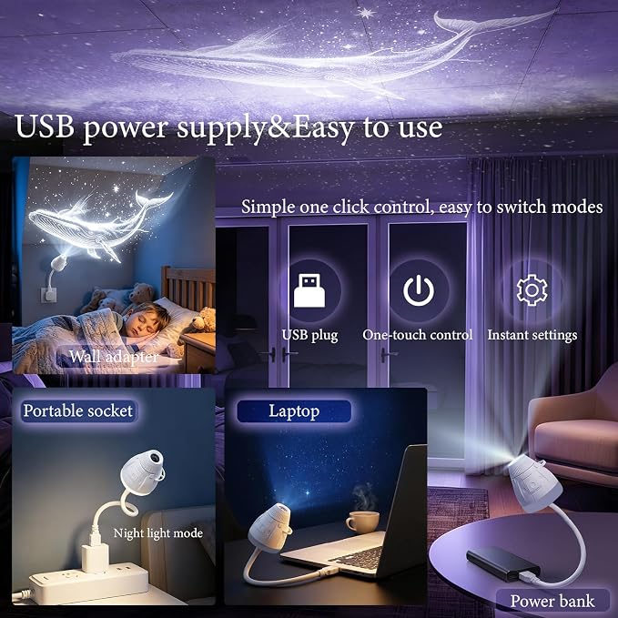 2-in-1 Galaxy Projector Night Light, USB Star Projector for Bedroom | 360° Adjustable Brightness Portable Galaxy Light Mini LED Wall Projection Lamp for Roof of Car & Tent Home Decor Gift,3 Films