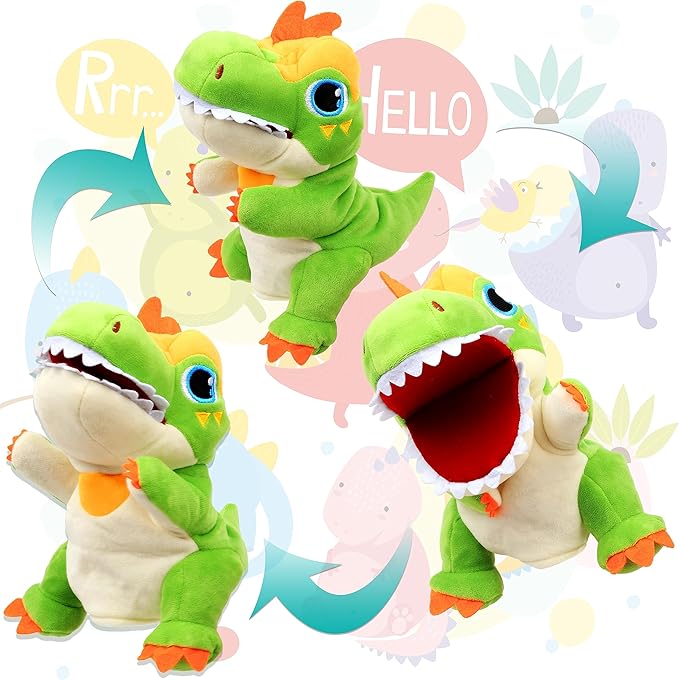 Cuteoy Plush Green T-Rex Hand Puppet Stuffed Animal Toy Open Movable Mouth Creative Role Play Storytelling Dinosaur Plushies Gifts for Kids Toddlers Birthday Christmas