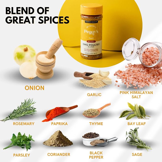 My Secrets Peggy's Food OMG Poultry Seasoning Blend - Low Sodium Chicken & Turkey Rub with Himalayan Pink Salt - Premium Herb Mix for Roasting, Grilling & Air Frying - All Natural - 3.5 oz
