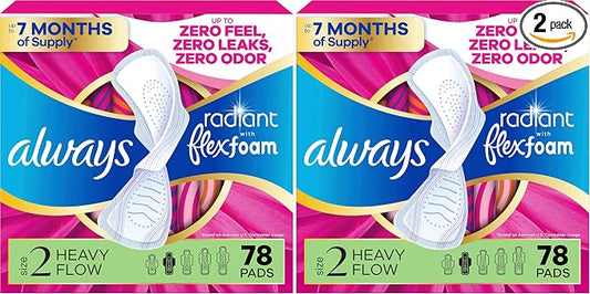 Always Radiant Feminine Pads for Women, Flexfoam Pads with Wings, Size 2, Heavy Absorbency, Lightly Scented 78 Count (Pack of 2)
