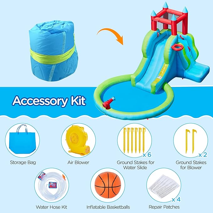Yaheetech Inflatable Kids Water Slide, 5-in-1 Outdoor Blow Up Slide for Kids Aged 3-8 with Water Cannon, Basketball Hoop, Climbing Wall, Storage Bag & 350W Blower