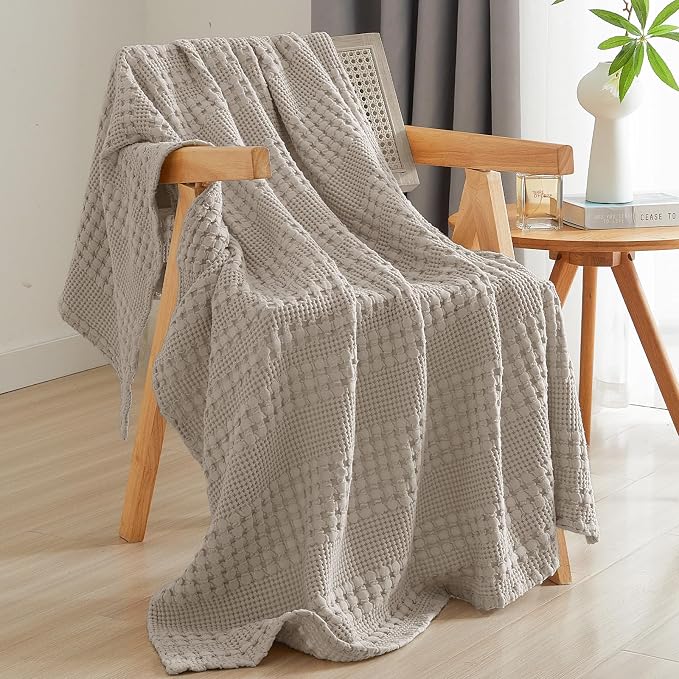 PHF 100% Cotton Waffle Weave Throw Blanket, Lightweight Breathable Summer Blanket for Couch Sofa, Pre-Washed Soft Throws for Bed, Office, Travel & Stylish Home Decor, 50"x60", Pearl Gray