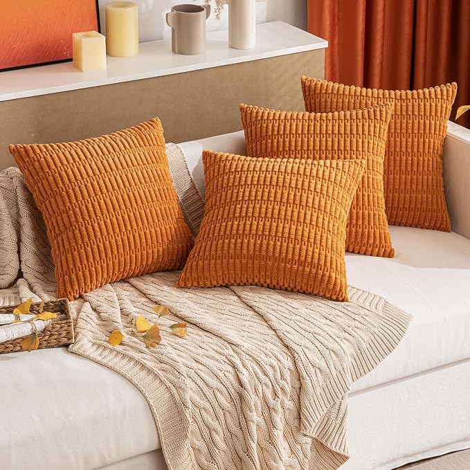 MIULEE Fall Corduroy Decorative Throw Pillow Covers 12x20 Burnt Orange | Lumbar Pack of 2 Soft Boho Striped Pillow Covers Modern Farmhouse Autumn Home Decor For Sofa Living Room Couch Bed