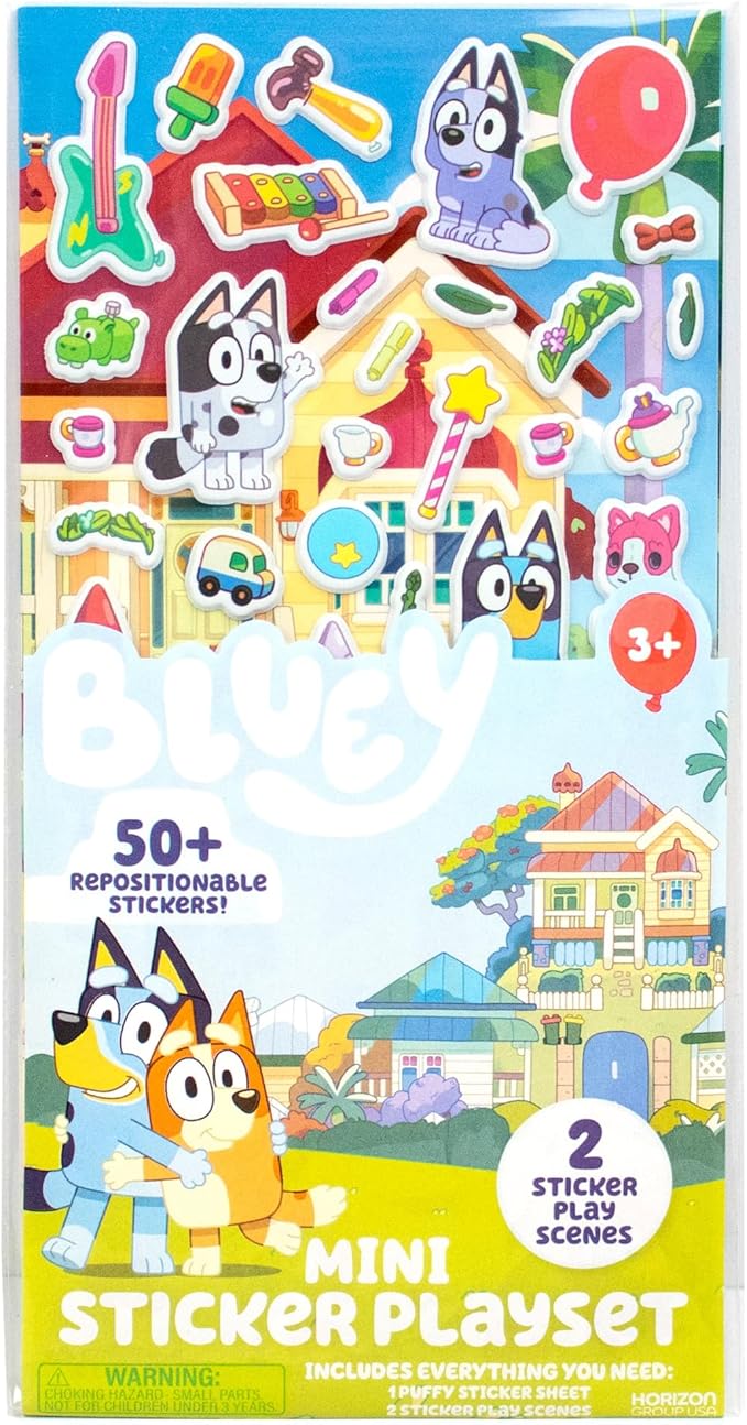 Bluey Mini Sticker Playset, 6-Pack, 45 Reusable Puffy Stickers, Double-Sided Play Scenes, Repositionable, Travel Toy for Kids & Toddlers, Blue
