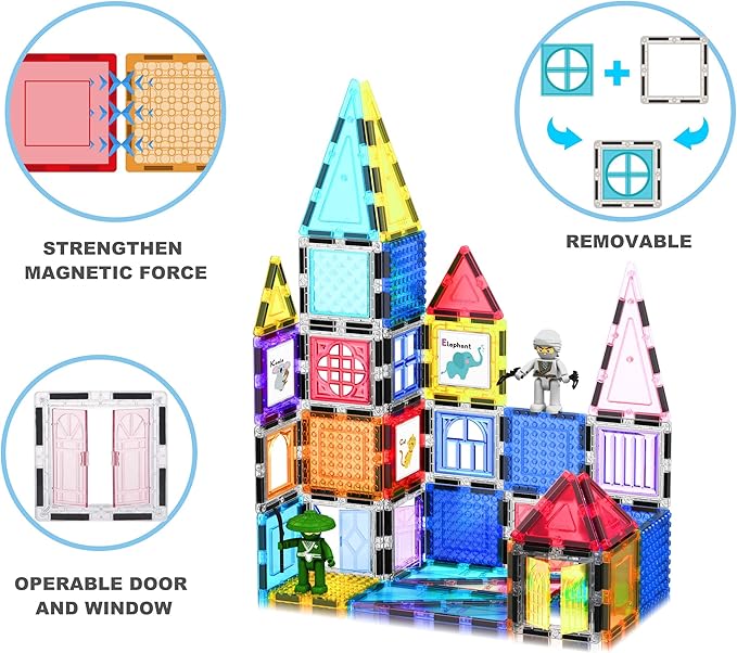 PicassoTiles 100pc Magnet Tile Construction Building Block Set with Carry Case Car Base Magnetic 8pc Characters Whiteboard Markers Idea Book Magnetized Toy Kit Playset Kids STEM Learning Age 3+ PB01