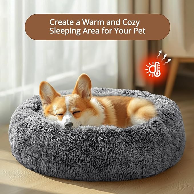 JOLLYVOGUE Medium Calming Dog Bed, Anti-Anxiety Donut Cuddler Cat Bed with Anti-Slip Bottom, Fluffy Faux Fur Machine Washable Pet Cushion for Medium Dog & Cat, 27"/Smoke Black