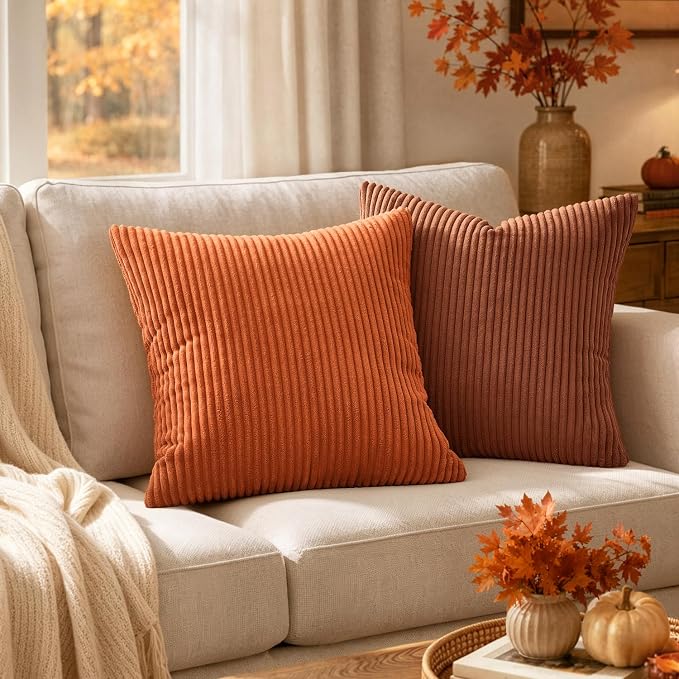 MIULEE Fall Decorative Corduroy Throw Pillow Covers Set of 2 12x12 Orange | Soft Striped Textured Cushion Cases, Boho Energetic Vibe Pillowcases for Home Decor, for Couch Chair Sofa Bed Living Room