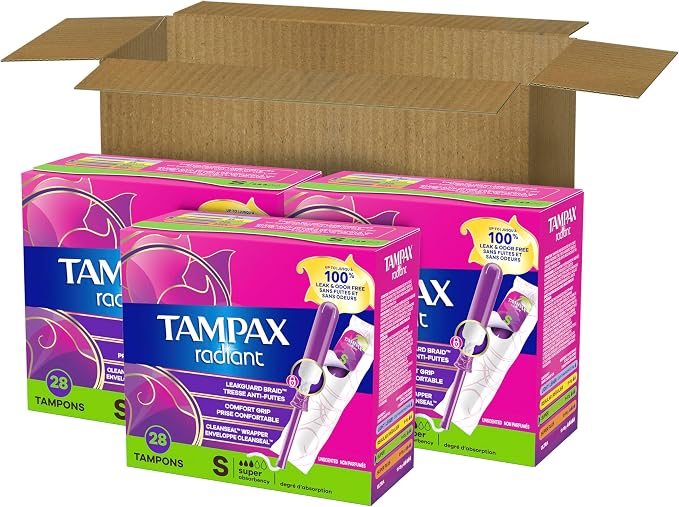 Tampax Radiant Tampons for Women, with LeakGuard Braid, Super Absorbency, Unscented, 84 Count (3 Packs of 28), Packaging May Vary