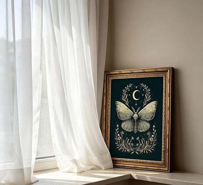 Vintage Gold Framed Celestial Moth Crescent Moon Wall Art Gothic Moody Ethereal Butterfly Picture Wall Decor Dark Botanical Insect Picture Canvas Print Mystical Witchy Poster Artwork for Living Room