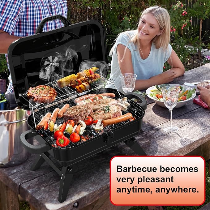 BBQCuker Portable Charcoal Grill with Warming Rack, Small Tabletop Barbecue Grill, Foldable Legs, Adjustable Vent, Total 343 Sq. In.Cooking Space, Outdoor BBQ Grill for Camping and Picnics (Black)
