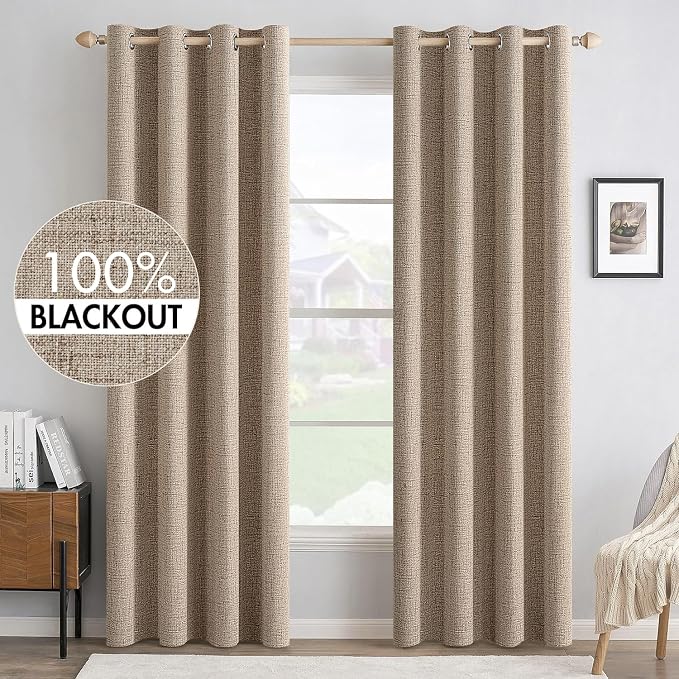 MIULEE 100% Blackout Linen Textured Curtains for Bedroom Solid Thermal Insulated Copper Brown Grommet Room Darkening Curtains & Drapes Luxury Decor for Living Room 52 x 96 Inch (2 Panels)
