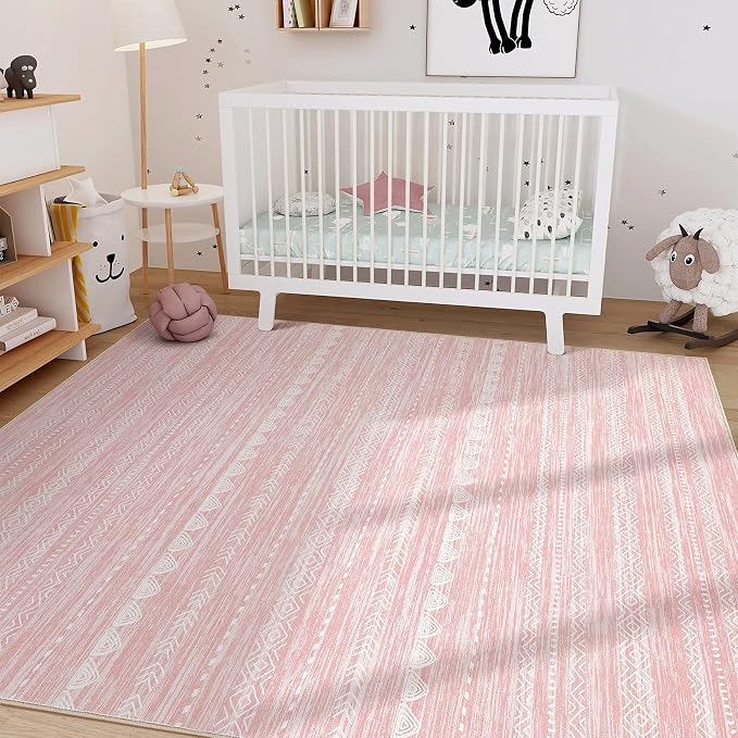 Nakagishi Boho 8x10 Area Rug Living Room Rugs Machine Washable Pink | Soft, Pet & Kid Friendly, Carpet for Living Room/Bedroom/Office/Kitchen/Nursery, Daily Home Decor Stain Resistant Moroccan