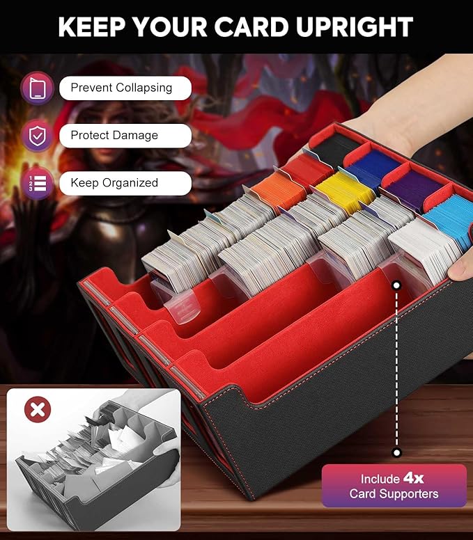 MoKo Card Storage Box for Trading Cards, 3000+ MTG Deck Box with 24 Colorful Dividers & 4 Card Supporters, Commander Card Deck Case with Display Window, Fits for Magic Game Cards, YugiOh, Black Red