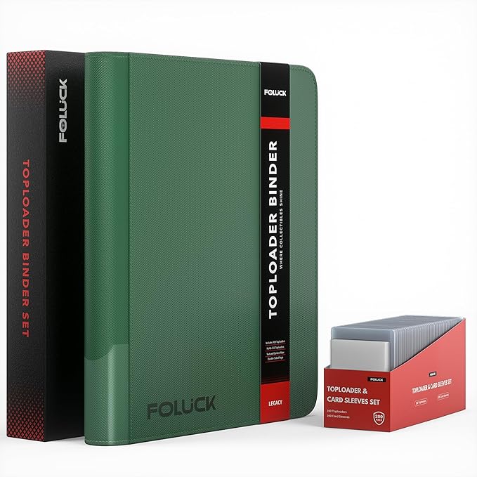 Foluck 9 Pocket Top Loader Binder, Holds 252 Toploaders, 200Pcs Top Loaders & Card Sleeves Included, Side-Loading Trading Card Binder, Premium Collection Album for Pokemon, MTG, Sports Cards (Green)