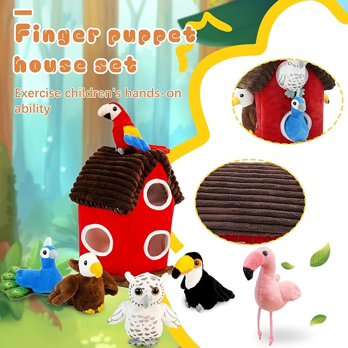 6pcs Birds Finger Puppets Bringing a House，Novelty Animals Toys Puppet for Kids, Storytelling Role-Playing Plush Finger Puppets Gifts for Boys and Girls